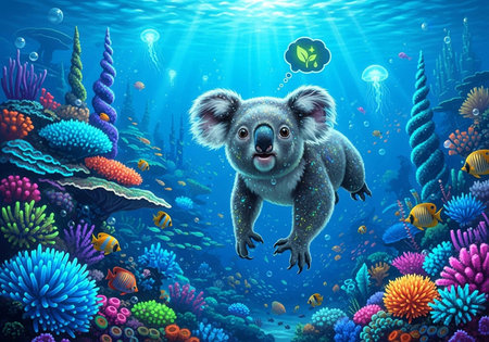 A curious koala swims underwater surrounded by vibrant coral and fishの写真素材