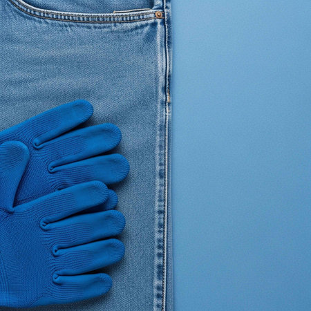 A blue glove resting on a pair of jeans against a blue backgroundの写真素材
