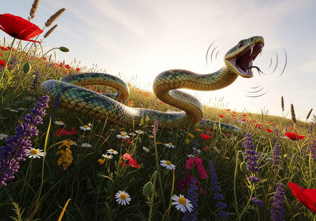 A large snake is in a field of colorful flowers and green grass