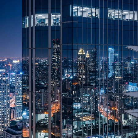 A modern skyscraper stands tall in a bustling city at night