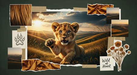 A lion cub lies in a field with a wild heart at sunsetの写真素材
