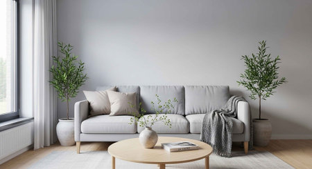 A modern living room with a gray couch and wooden coffee table