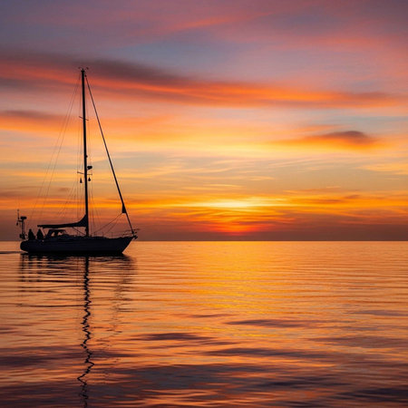 A serene sailboat floats on calm waters during a vibrant sunset