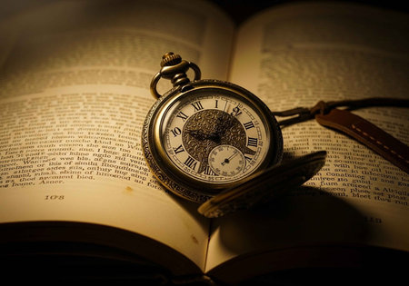 A vintage pocket watch resting on an open book in dim light