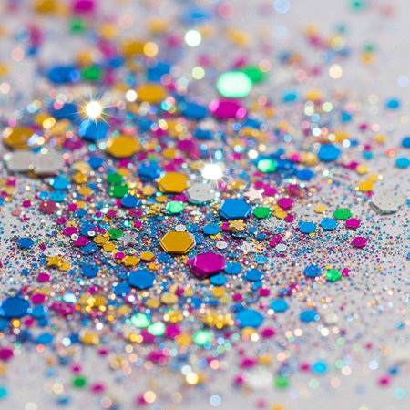 A colorful and vibrant mix of confetti and glitter on a white surface