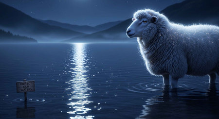 A sheep stands in a serene lake at night with a sign nearbyの写真素材