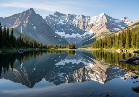 A serene mountain lake reflecting snow-capped peaks and evergreen trees on a clear day
