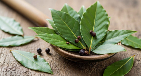 A bowl of curry leaves and seeds on a wooden surface
