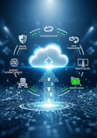 A cloud computing concept with data synchronization and remote access icons