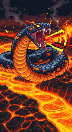 A cartoon snake breathing fire in a volcanic landscape with lava flows