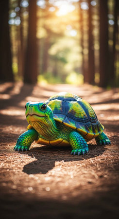 A colorful turtle walking on a forest path in the sunlight
