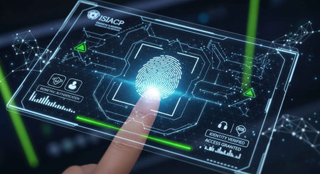 A futuristic fingerprint scan on a digital screen with glowing blue lines and a secure access...