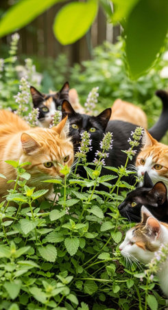 A group of cats playing in a lush green garden with catnip plantsの写真素材