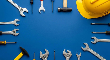 A collection of various tools and a hard hat on a blue background