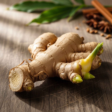 Fresh ginger root with green shoots on a wooden surface with spices