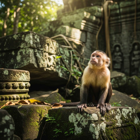 A curious monkey sitting on a mossy stone in an ancient temple ruin