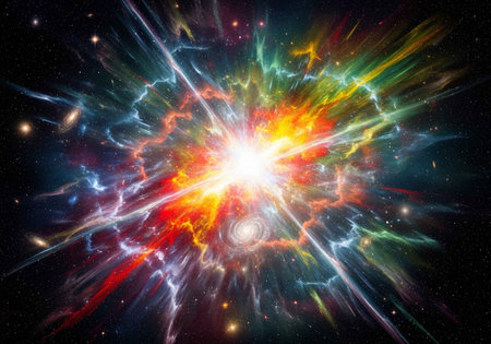 A vibrant and colorful explosion of light in space with stars and galaxiesの写真素材