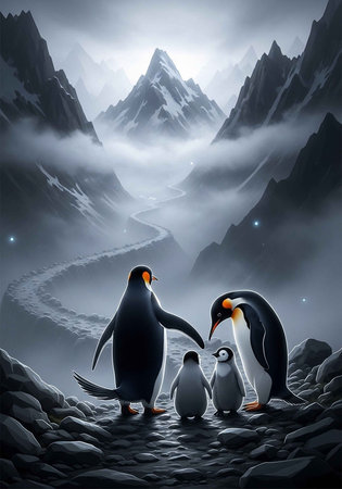 A family of penguins standing on rocks in a mountainous landscape with fogの写真素材