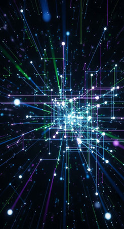 A vibrant digital illustration of glowing lines and dots in space