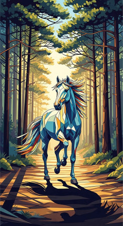 A colorful horse runs freely through a sunlit forest pathway at dawnの写真素材