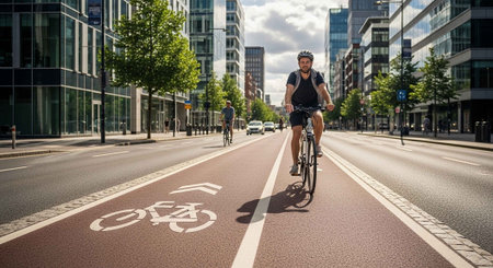 A man riding a bicycle on a bike lane in a modern city
