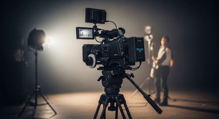 A professional video camera on a tripod in a studio with crew members