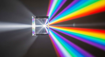A prism refracts a beam of light into a vibrant rainbow spectrum