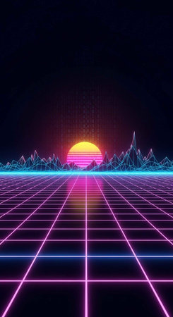 A vibrant neon landscape with a grid pattern and a sunset