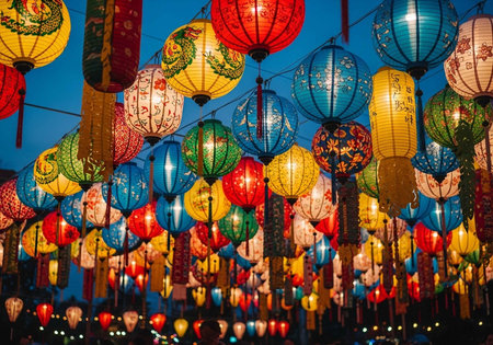 A vibrant display of colorful lanterns hanging in the evening sky