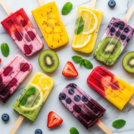 A colorful arrangement of fruit popsicles on a marble surface with fresh fruits