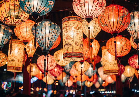 A vibrant display of colorful lanterns hanging in a crowded night marketの写真素材