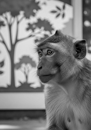 A close-up black and white portrait of a monkey looking curiously outside