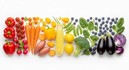 A vibrant arrangement of fresh vegetables and fruits on a white background