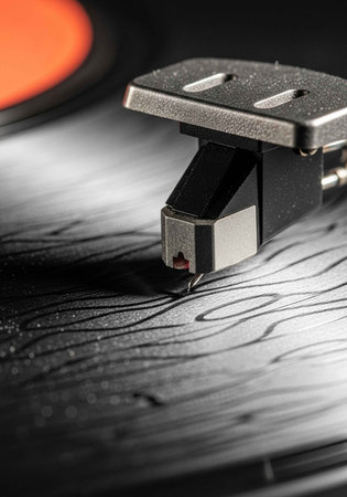 A close-up view of a record player's stylus on a vinyl record