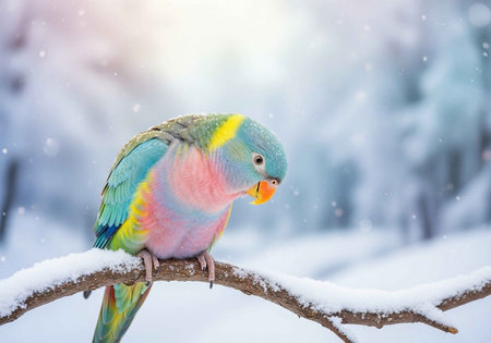 A colorful parrot perches on a snowy branch in winter