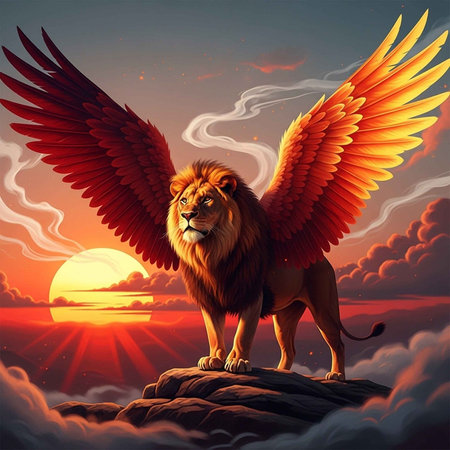 A majestic lion with large wings standing on a rock at sunset