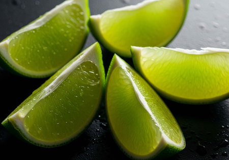 Fresh lime wedges on a dark surface with water dropletsの写真素材