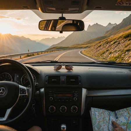 A person driving a car on a scenic mountain road at sunsetの写真素材