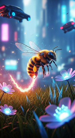 A futuristic bee flies over glowing flowers in a neon-lit cityscape at nightの写真素材