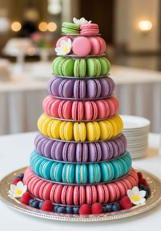 A colorful macaron tower on a silver platter with fresh berries and flowers