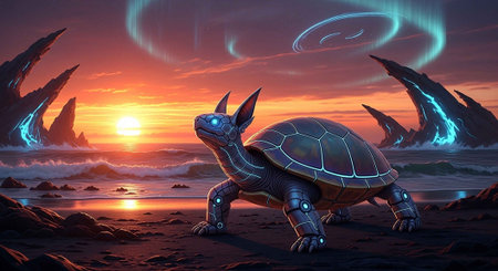 A futuristic robotic turtle stands on a beach at sunset with a vibrant skyの写真素材