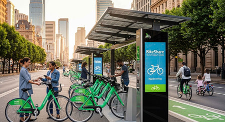 People using a bike share system in an urban city setting with green bicycles