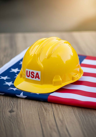 A yellow hard hat with USA label on American flag backgroundの写真素材