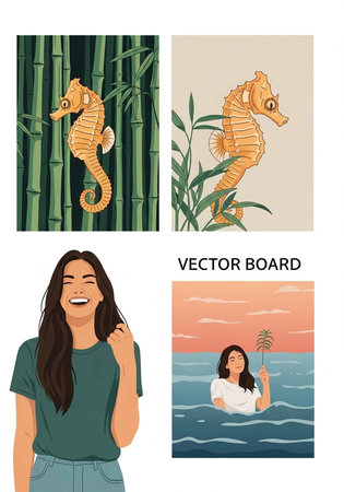 A colorful vector board featuring illustrations of seahorses and women in various settings
