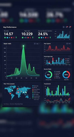 A futuristic dashboard displaying various graphs and charts with key performance metrics