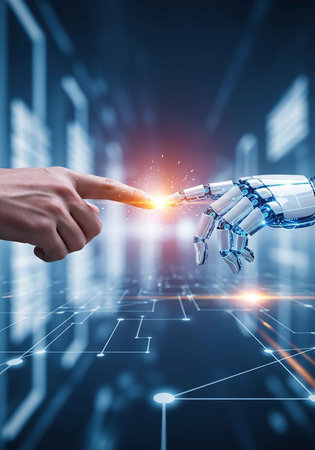 A human hand and robotic hand touching with a glowing connectionの写真素材