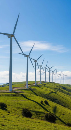 A row of wind turbines on a green hillside under a blue skyの写真素材