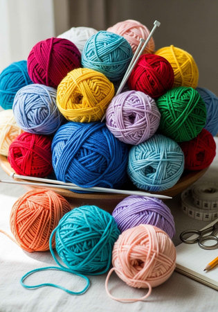 A collection of colorful yarn balls and crochet tools on a table