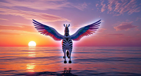 A mythical winged zebra standing in the ocean at sunset with vibrant colorsの写真素材