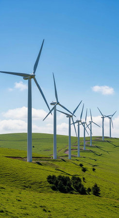 A row of wind turbines standing tall on a green hillside under a blue skyの写真素材